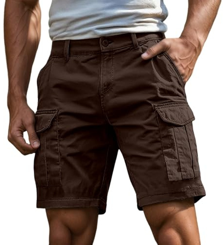 Pantalones Cortos Hombre Cargo, Shorts Hombre Verano Pantalón de Algodón Casual con Bolsillos Color Sólido Retro Pantalones Cortos Trabajo Running (Bronze-E, M)