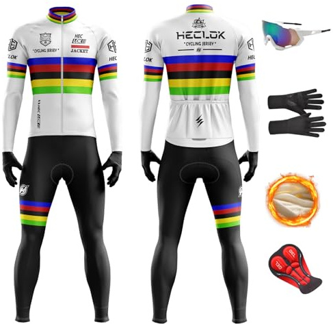 HECLOK Ensemble Cyclisme Hiver Homme Manches Longues – 9D Gel, Thermique | 9D Gel, tissu polaire thermique, 3 poches arrière, manches longues, culotte inclus, pour vélo de route et VTT