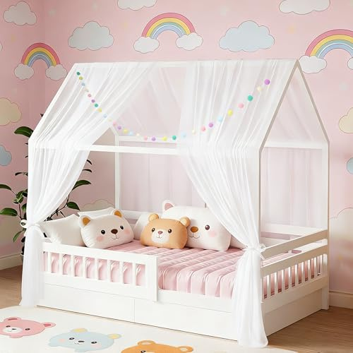DOINEUFL 2 Piezas de Dosel para Cama Infantil, 160 x 350 cm, con Guirnalda de Pompones de Colores y Cintas de fijación, Cortinas de Tela Ligera y Transpirable para decoración de Cama de casa (Blanco)