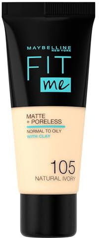 Maybelline New York, Base de Maquillaje que Calca a tu Tono Fit me! Mate y Afinaporos, Color: 105 Natural Ivory (Paquete de 6)