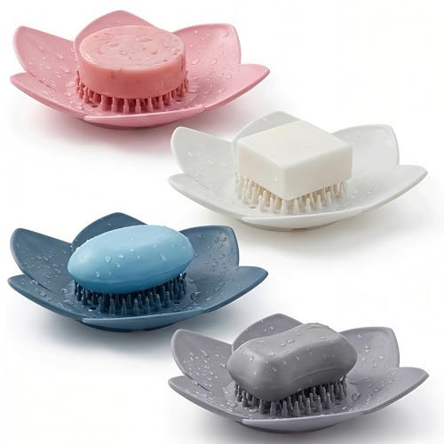 4 Pack Lotus Shower Steamer Trays, Silicone Soap Holder with Self Draining - Elegant Mixed Colors Lotus Flower Shape Soap Dish, Perfect for Bathroom Counter, Kitchen Sink, Shower Organizer