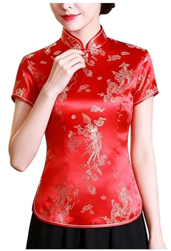 Générique Qipao Chemise Cheongsam Chinoise pour Femme, Imprimé Dragon, Phénix, Hauts Ethniques, Manches Courtes, Col Mandarin, Chemisier Chinois, De Tuniques pour Femmes, Vêtements Traditionnels