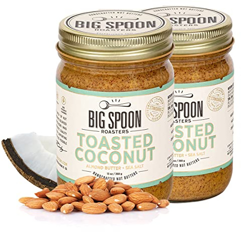 Big Spoon Roasters Toasted Coconut Almond Butter with Sea Salt - Keto Friendly, Low Sugar Almond Butter - Crunchy & Bee-Friendly Almonds - Gourmet, Vegan Almond Nut Butter - 2 x 13 Ounces