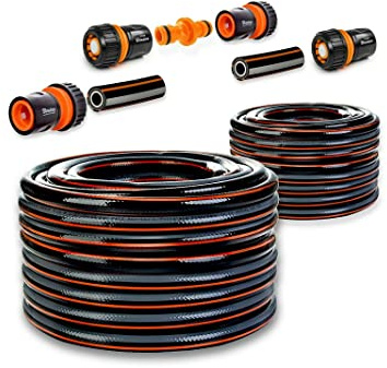 Flexible 4-Layer Hose 1/2(12.5mm) inch, Carbon Colours, Water Hose Pipe for Home Garden Patio and Car Cleaning, 25 bar Burst Pressure, Spiral mesh Textile Set, Keeps its Shape -(100, with Connectors)