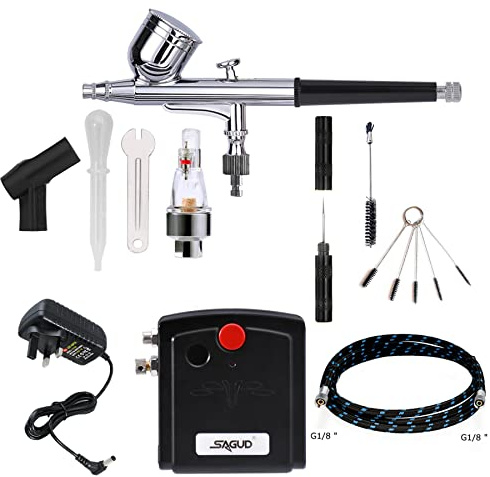 SAGUD Airbrush Kit with Mini Air Brush Compressor Dual - Action Gravity Feed Air Brush for Cake Decorating, Hobby, Craft, Tattoo, Nails, Makeup with Airbrush Cleaning Kit