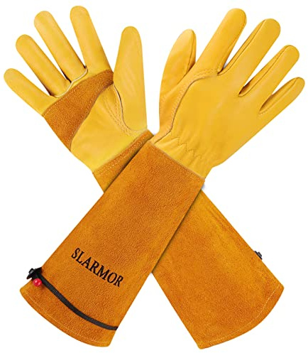 SLARMOR Guanti da Giardinaggio in pelle per Donne e Uomini, Guanti da Lavoro in Pelle di Vacchetta con Fascia Regolabile, con protezione per avambraccio