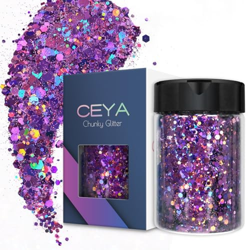 Ceya Holografiskt glitterpulver för nagelkonst, hår, epoxiharts, koppar, slime, målning, festivaldekoration, lila, 100 g