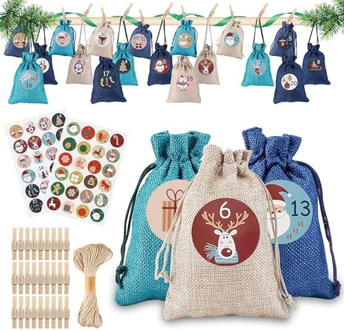 CareHabi - 24 Adventskalender zum Befüllen, Weihnachten Stoffbeutel, Weihnachtskalender Tüten (24 Stoffbeutel,48 Adventszahlen Aufkleber,24 Holzklammern, 10m Hanfseil)