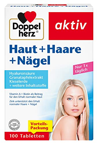 Doppelherz Haut + Haare + Nägel - 13 Nährstoffe - Mit Zink & Biotin als Beitrag zum Erhalt normaler Haut, Haare und Nägel - 100 Tabletten