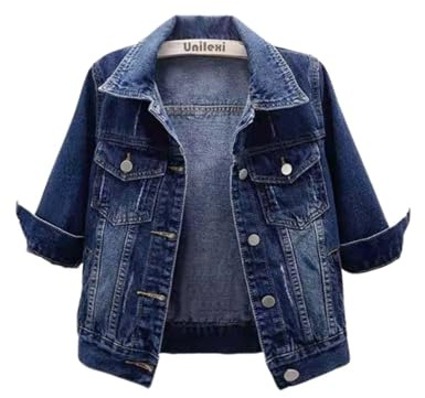 Unilexi Women's 3/4 Sleeve Colored Cropped Denim Jacket Light Wash Short Jean Jacket Trucker Coat(0096-DarkBlue-L)