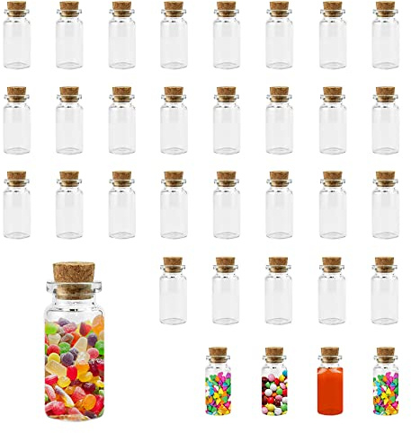 Kleemeiero 33 Pezzi Vasetti Vetro Piccoli 3ML con Tappo Sughero - Barattoli per Conserve, Condimento, Decorazione e Regalo - Provette con Espositore