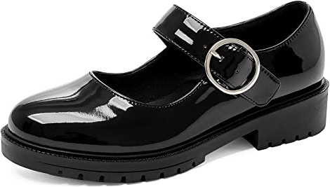 Bviennic Round Toe Mary Jane Womens Ankle Strap Pumps Block Mid Heels Vintage Office Loafers Work Shoes Fashion Patent Shoes Black Size 12 UK-51CN