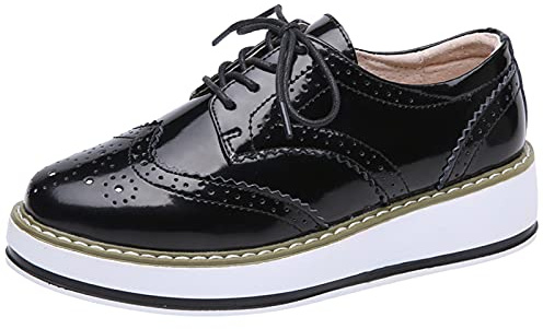 ANUFER Femmes Lacer Brogues Chaussures de Sport Décontracté Plate-Forme Chaussure à Semelles Noir Vernis SN02887 EU42
