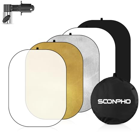 Soonpho 5 in 1 Faltreflektor Reflektor Fotografie Diffusor Ovaler Mit Reflektierendem Clip 80×120CM(Gold, Silber,Schwarz,Transparent,Weiß) mit Sclip für Studio Außenbeleuchtung