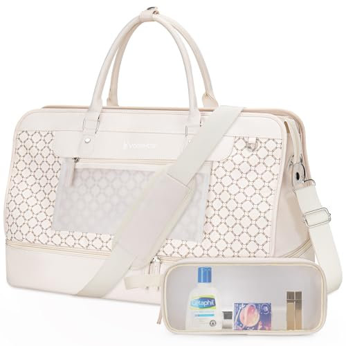 VS VOGSHOW Groß Reisetasche mit Kulturbeutel, Handgepäck Tasche Wasserdicht Weekender Bag mit Schuhfach für Frauen und Männer(Beige)