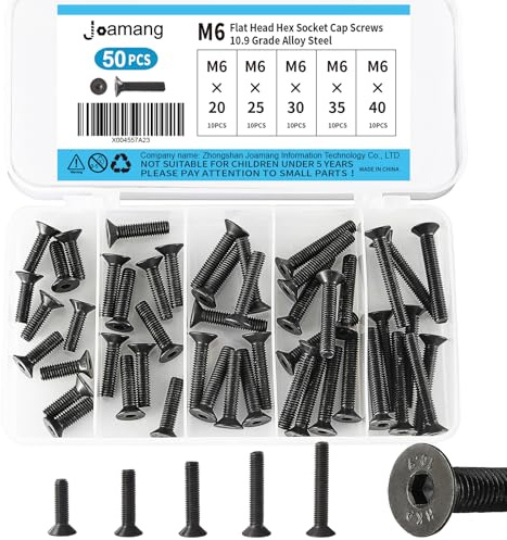 Joamang M6 x 20mm 25mm 30mm 35mm 40mm Flat Head Hex Socket Cap Screws Countersunk Bolts, 10.9 Grade Alloy Steel, Black Oxide Finish, Metric Allen Drive, Fully Threaded, Assortment Kit 50Pcs