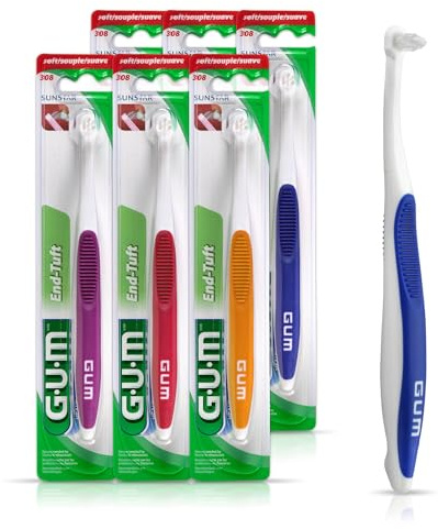 GUM End Tuft Toothbrush - Extra Small Head for Hard-to-Reach Areas - Implants, Back Teeth, and Wisdom Teeth - Soft Dental Brush for Adults, 1 Count(Pack of 6)