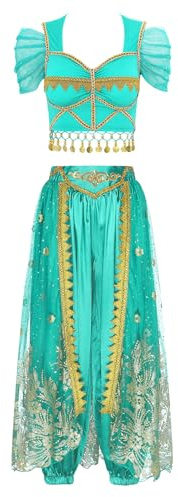 HULIJA Donna Costume Da Danza Del Ventre Imposta Danza Top Con Paillettes + Pantaloni Harem All'americana Indiano Costume Bollywood Vestito Halloween B Blu Pavone XL