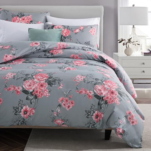 MOONLIGHT20015 Single Duvet Cover Set Soft Printed Luxury Bedding Set Brushed Microfiber Duvet Covers with Pillowcase (Grey Bouquet 135x200 CM)