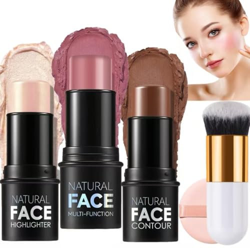 3 Pezzi Contouring Viso Stick,Blush,Contour Highlighter, Bacchetta di Bellezza per Fard, Impermeabile Leggero Stick di Trucco, Finitura Naturale Liscia A Lunga Durata