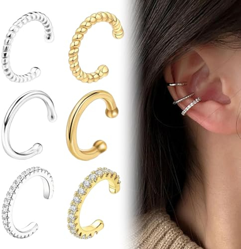 Orecchini Ear Cuff Donna 6 Pezzi a Clip in Argento e Oro
