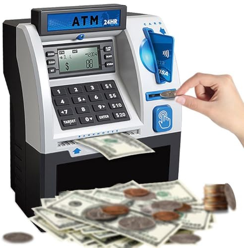 Tenkaybox Smart Bancomat Salvadanaio Elettronico, Banco Salvadanaio con Password, Banco Salvadanaio Interattivo con Carta di Debito, Display Digitale e Slot per Monete e Banconote, Divertente