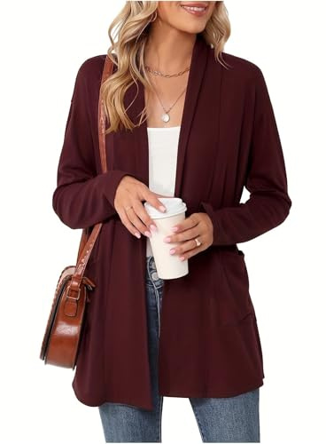 TOFOTL Lungo Blazer Donna Invernali， Maglione Aperto Classico in Pile a Puro, Capispalla in Ciniglia con Cappuccio, Autunnale Giacche Autunnali Golfino con Tasche Maglioncini 01-Bordeaux S