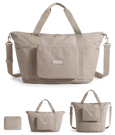 BAGSMART Faltbare Reisetasche Damen Herren, 37L Handgepäck Tasche Sporttasche, Travel Bag Duffle Bag, Weekender Wickeltasche Trainingstasche, Handtasche für Sport & Reisen, Kamel