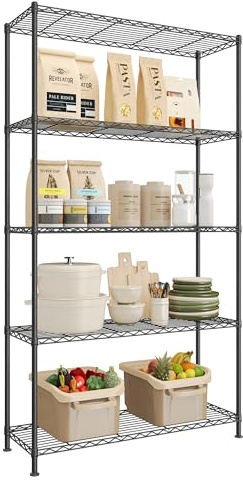 SONGMICS Förvaringshylla, metallgaragehylla, justerbara hyllor, för garage, sovrum, vardagsrum, kök, skafferi, 5 nivåer, 30 x 90 x 161 cm, bläck svart LGR195BH01