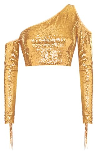Agoky Damdanströja med glitter kort magfri långärmad tröja off shoulder crop top one axel tofs skjorta med cut outs konståkning kläder disco outs, Guld, S