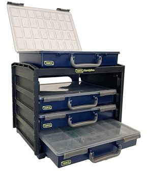 raaco HandyBox 55x4: Sortimentskasten für Werkstatt, Kistenberg mit 4 Sortierkasten für Kleinteile, Traglast 25 kg Sichere Aufbewahrungstransport, Kleinteilemagazin 26.5 x 37.6 x 31 cm Leicht & Robust