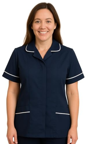 shelikes Womens Hospital Uniform Ladies Healthcare Zip Fastening Collared Nurse Tunic Top Medical Uniform Salon Vet Healthcare Maid Dress Navy
