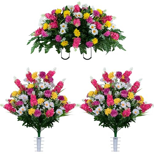 Sympathy Silks Artificial Flowers for Cemeteries - Realistic Grave Decorations - Pink Yellow and White Wildflower Mix - Saddle with (2) Bouquets