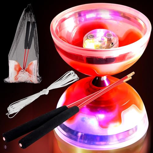 Chitidr Chinese Yoyo Diabolo Set Includes 5 Inch Colorful LED Diabolo Light Up with 2 Pieces Diabolos Sticks, 1 Piece String and 1 Piece Net Bag for Fun (Orange)