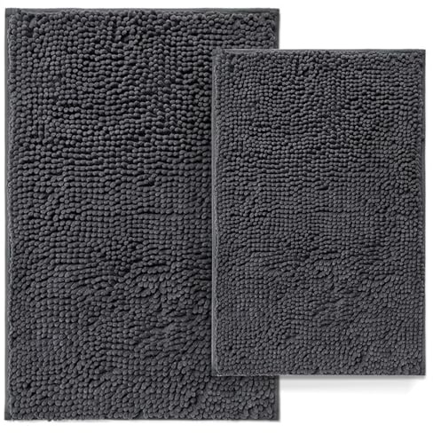 Bathroom Rugs Set 2 Piece Bathroom Mats Bath Rugs Non Slip Bath Rugs for Bathrooms, Thick Soft Chenille Rug Set, Bathtub Mats, Ultra Absorbent Bath Carpet, Shaggy Bathrooms Floor Mat, Deep Grey