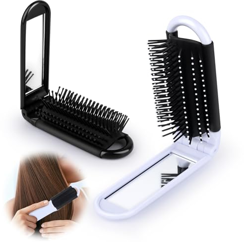 2 Stück Klapp Haarbürste mit Reisespiegel, Faltbare Haarbürste, Faltbare Haarbürste mit Spiegel, Tragbare Mini Klapp Haarkamm, Haarmassagekamm, Reise Haarbürste, für Schule, Reise, Fitnessstudio