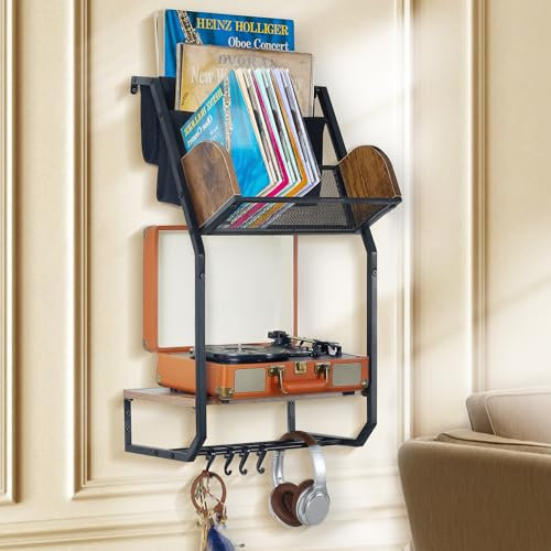 Roucerlin Wall Mounted Record Player Stands with Vinyl Storage,Vinyl Record Stand, Player Table Rack, Holder Stand for Albums, Mid Century Modern Turntable Cabinet (Black)