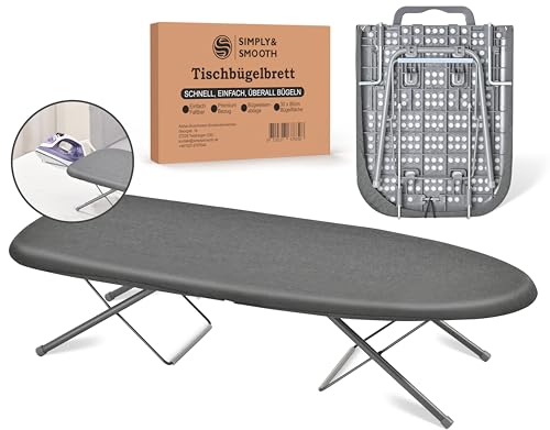SimplySmooth klappbares Tischbügelbrett inklusive Bügeleisenablage - Mini Bügeltisch in 77x30cm - Bügelbrett für den Tisch mit Tragegriff, Gummifüßen und hochwertigem Bezug