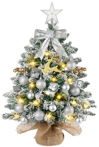 N&T NIETING Mini Christmas Tree with Lights, 61CM Table Top Tree with Star Ornaments, Artificial Xmas Tree with Snow for Home Office Desktop Party Indoor Christmas Decorations(Snow Green)