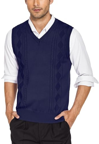 COOFANDY Herrtröja väst V-ringad stickade västar ärmlös jumper väst vardaglig affärer pullover tank top jumper vinter gentleman stickade kläder, marinblå, XL