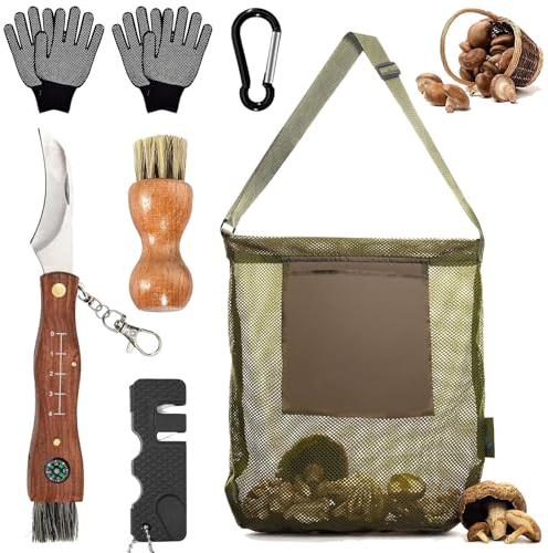 HUIKUANGEU Couteau à Champignons avec Brosse,Sac de Cueillette de Champignons,Couteau mycologique,pour Les Cueilleurs de Champignons,Camping,Randonnée