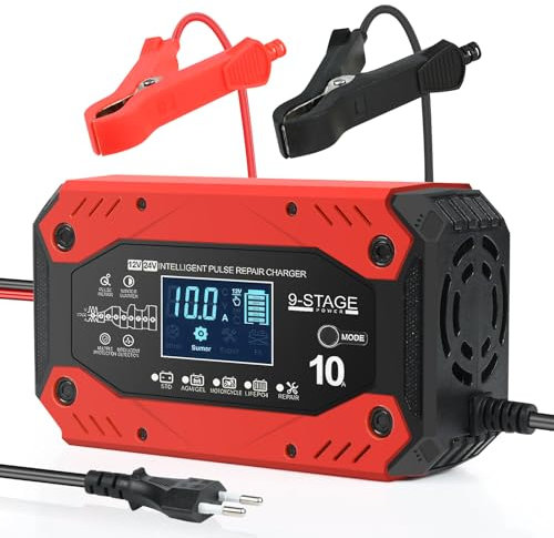 Weinsamkeit Caricabatterie per Auto 10A, Caricabatterie per Auto Completamente Automatico Intelligente 12V / 24V con Schermo LCD, Adatto per Auto, Camion, Moto, Tosaerba, Furgone, Barca Marina