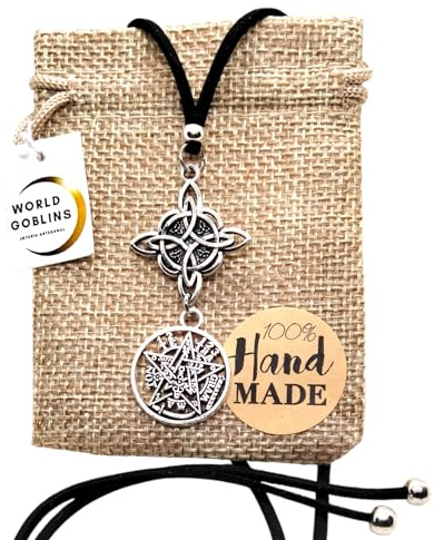 WORLD GOBLINS Collar Amuleto Plata | Antelina Negra 70cm Adaptable para Mujer | Amuleto Protección contra Hechizos + Bolsa de Yute Hecha a Mano Regalo