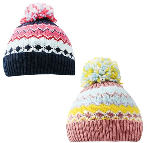 A2Z 4 Kids Girls Hats Nordic Stripe Bobble Beanie Pack of 2 Soft Lined Pom Pom Beanie Hats Lightweight Stretchy Soft Feel Winter Warm Cosy Caps Kids Girls Thick Slouchy Snow Knit Warm Hats