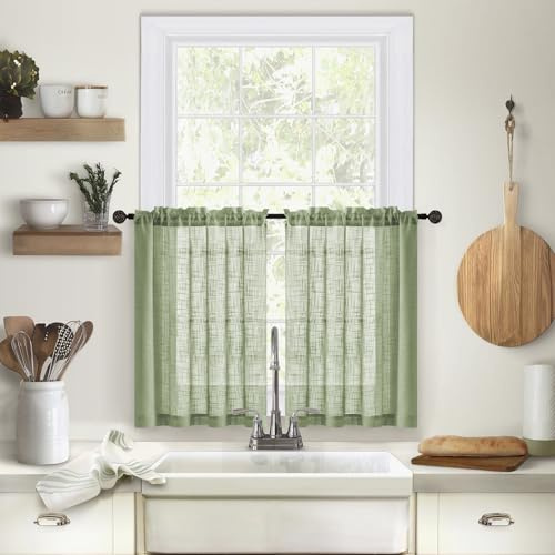 Devola Set di 2 tende para-freddo - Aspetto lino - Corte - Moderne - Tendine per finestra - Semi-trasparenti - Corte - A x L: 63 x 63,5 cm - Verde