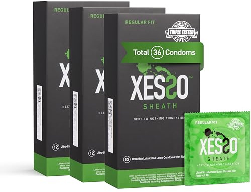 XESSO Sheath Ultra Thin Lubricated Condoms with Reservoir Tip, 36-Pack, Regular Fit Natural Latex Male Condom with Silicone Base,Vegan-Friendly, Discreet Package
