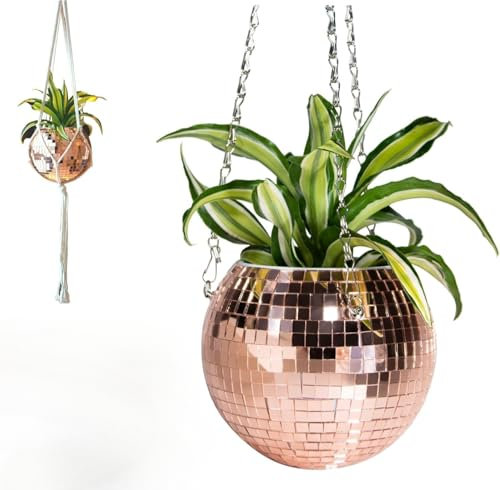 Disco-Kugel zum Aufhängen, Spiegelkugel, Pflanzenhänger mit Kette, Hängekorb für Pflanzen, Einsatz-Topf, Raumdekoration, Blumentopf für Zimmerpflanzen, Kräuter, Boho-Dekor (10 cm, Roségold)