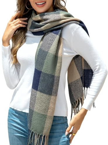 EDOTON Women's Plaid Warm Cozy Scarf with Fringe Soft Versatile Winter Shawl Fashion Festive Presents Scarves (Blue and gray plaid)