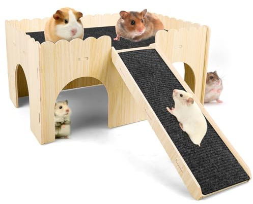 Casa per porcellini d'India con rampa, casetta per criceti in legno, grande castello per porcellini d'India, piccoli animali domestici, accessori per criceti, conigli, cincillà
