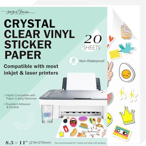 JAGERGREEN 100 % transparent A4 självhäftande papper för utskrift (216 x 279 mm) ej vattentät, 20 vinylark för laser- och bläckstråleskrivare, etikettpapper